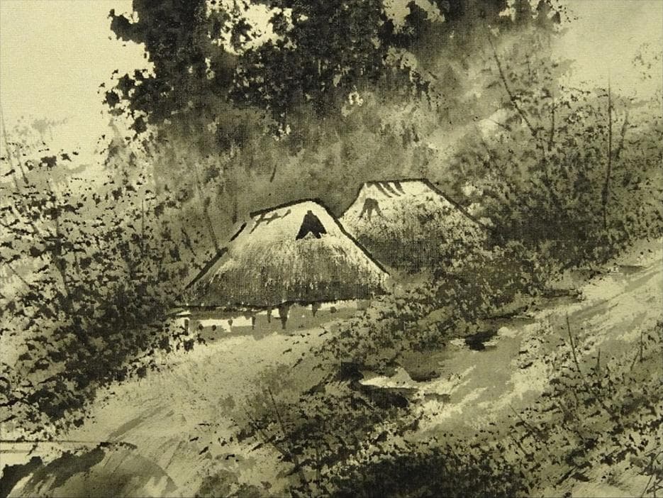 掛軸 翆雪『水墨山水』横書き 絹本 肉筆 共箱 掛け軸 g060220