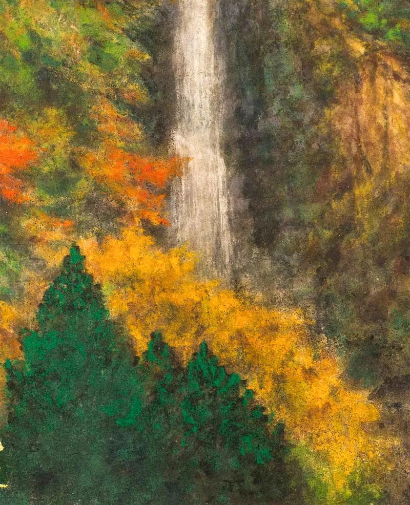 東山魁夷　日本画　肉筆『二条の滝』表サイン　東山すみ鑑定　F10号　額　b253