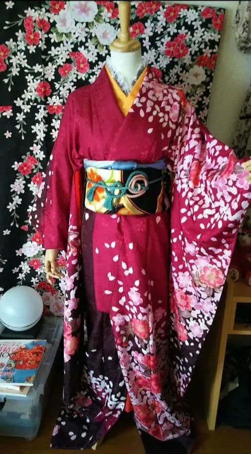 アッシュエル H.L 洗える振袖着物 赤色 桜柄 Mサイズ 成人式卒業式結婚式等