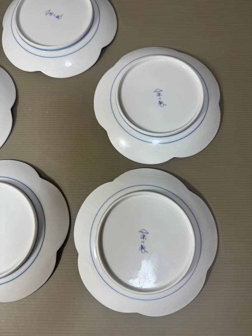 2186 深川製磁　梅文　花型皿　5客　金彩　未使用