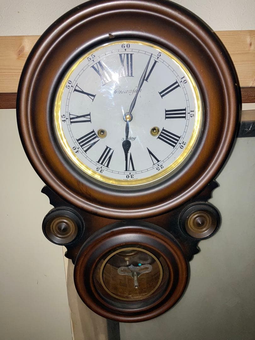 希少 アンティーク柱時計 堀田時計店 CROWNFAN ダルマ四つ丸 稼働中