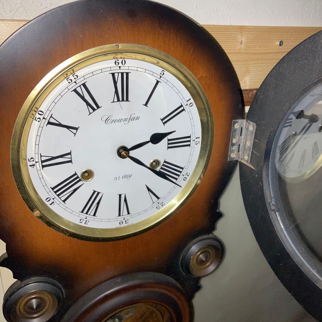希少 アンティーク柱時計 堀田時計店 CROWNFAN ダルマ四つ丸 稼働中