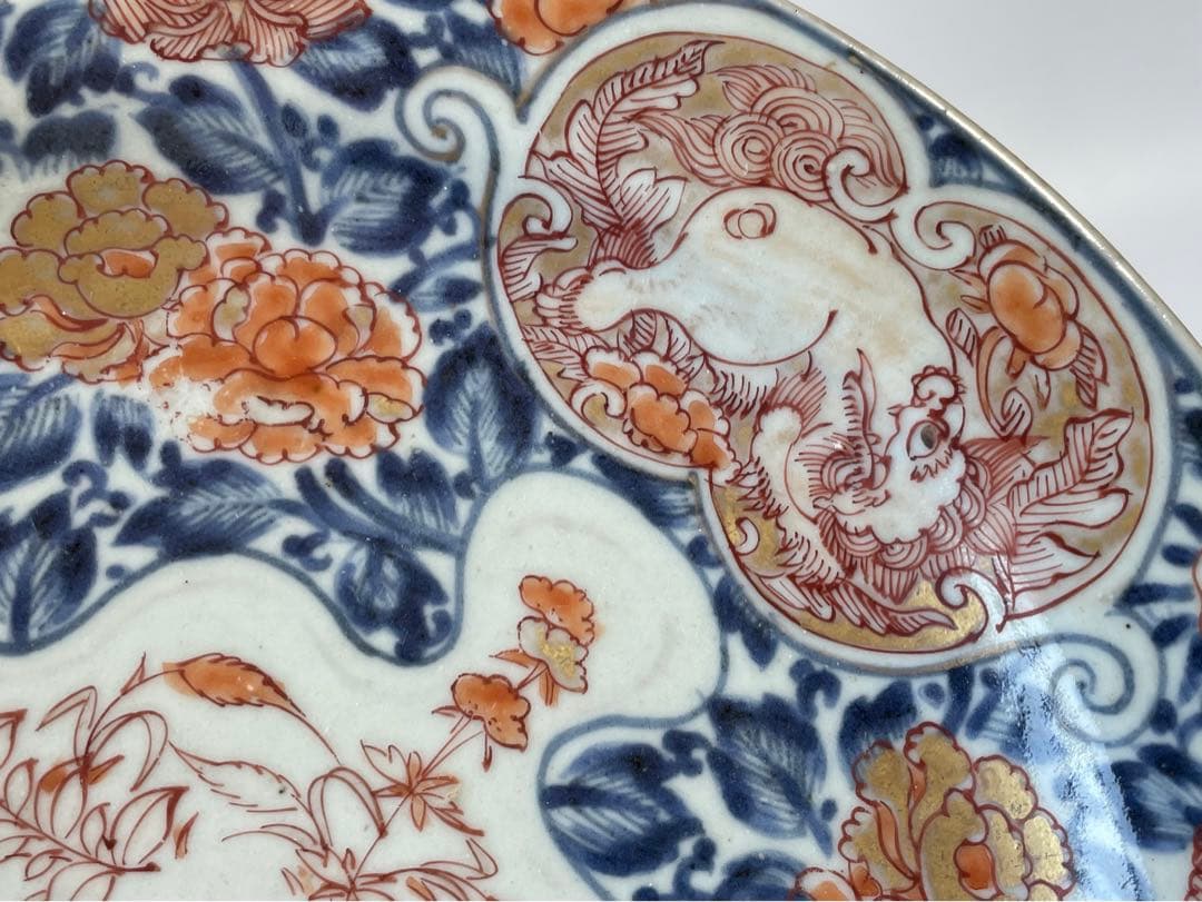 骨董　アンティーク　古伊万里　色絵　金襴手　輸出伊万里　獅子牡丹　皿　丸皿