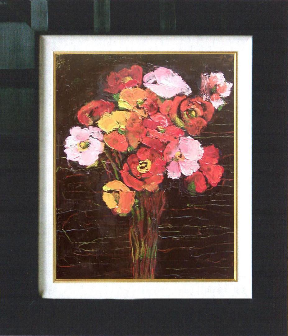 油絵 菅家令子 絵画インテリア 額付(青緑＋金色の枠) uF6-112002 花