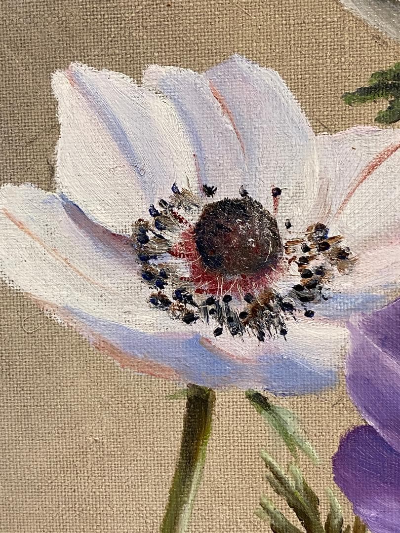 ★「真作」安田英明「アネモネ」静物画　油彩画　額装　サイン有り　F6号