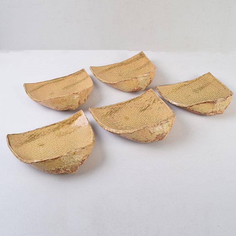 和食器　番浦史郎作　黄瀬戸　箕皿　銘々皿　五客　共箱　M　R9207B