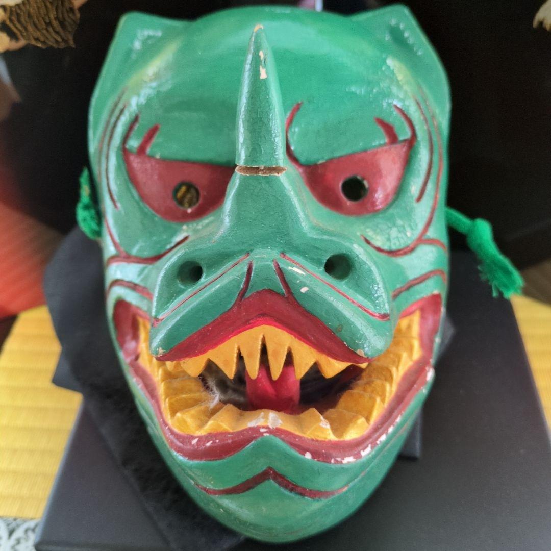 【手彫】緑色の木製ドラゴン面