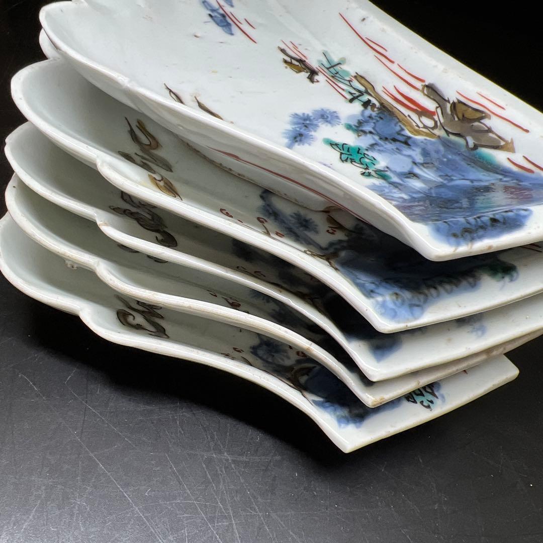 江戸初期　古九谷　富士型向付5枚　木箱付　最大幅約17㎝　東Y7-0801⭐︎2F