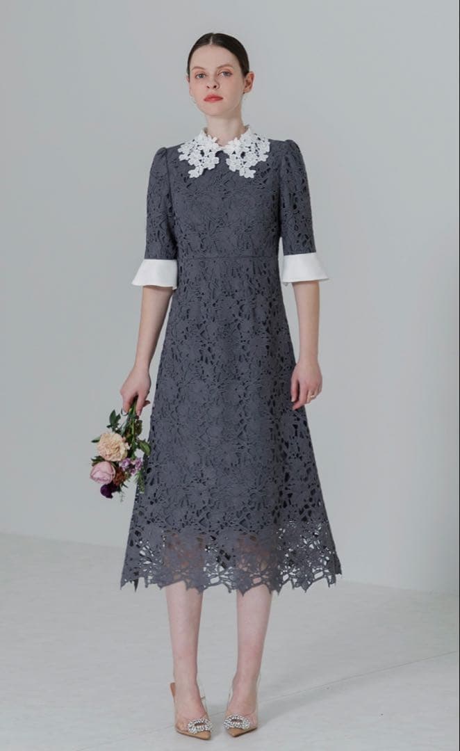 Leja Mサイズ　花柄レースカラー　Aラインワンピース　ドレス　ブルー