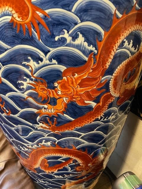 青海波模様 赤い龍 陶磁器 花瓶