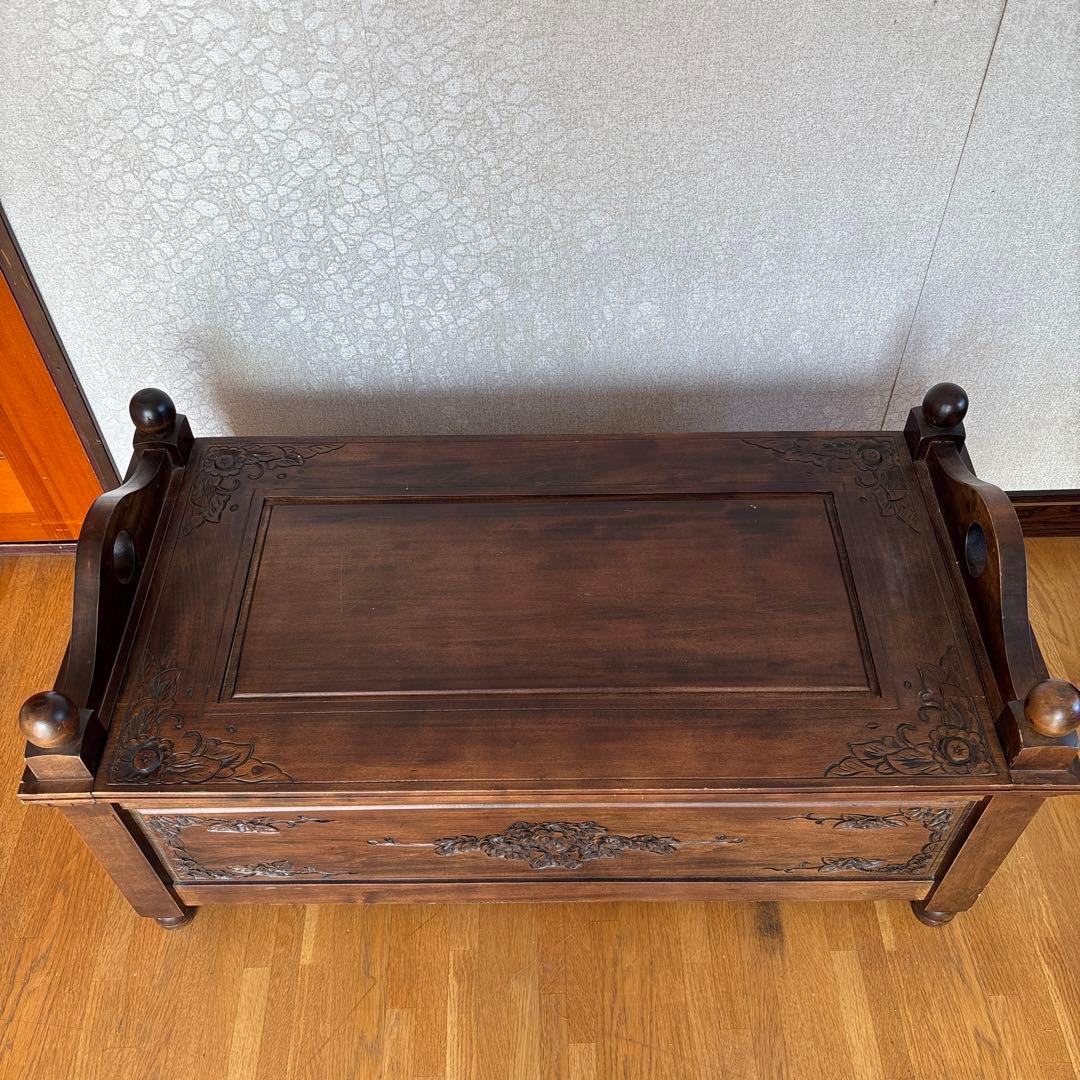 アンティーク調　収納付き木製ベンチ