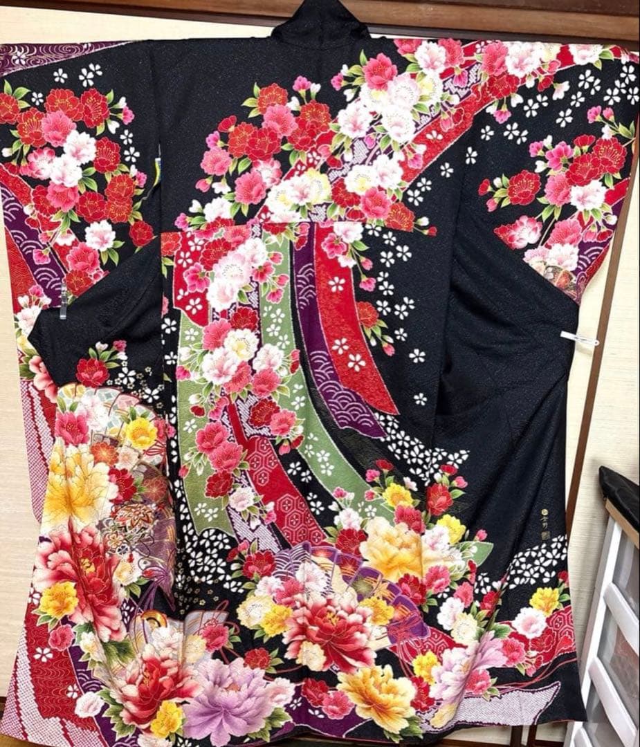 黒 熨斗 八重桜牡丹 振袖 身丈155