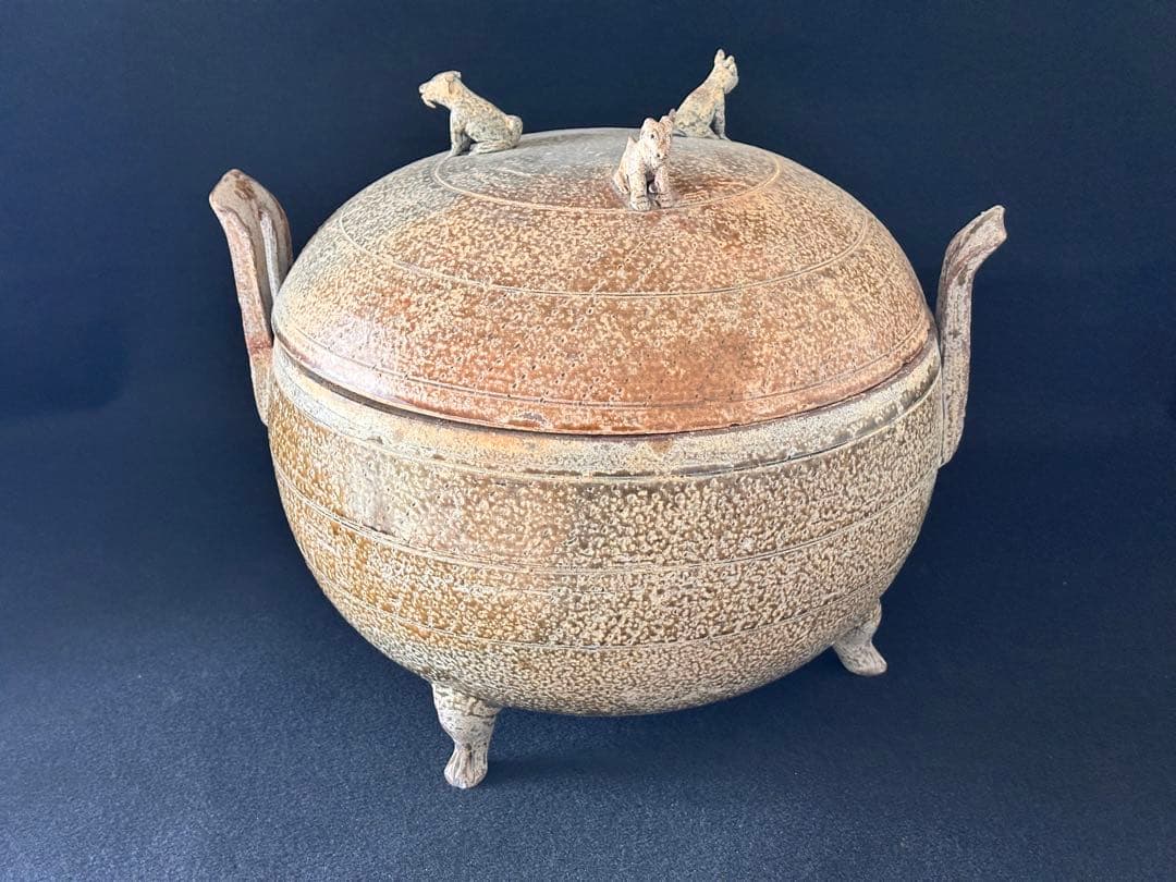 中国美術 灰陶緑釉 三足蓋付三獣摘 鼎 直径35cm 細密細工 古美術