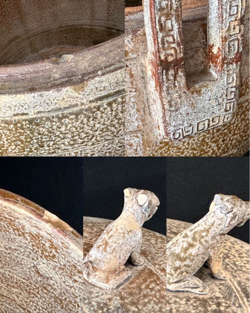 中国美術 灰陶緑釉 三足蓋付三獣摘 鼎 直径35cm 細密細工 古美術