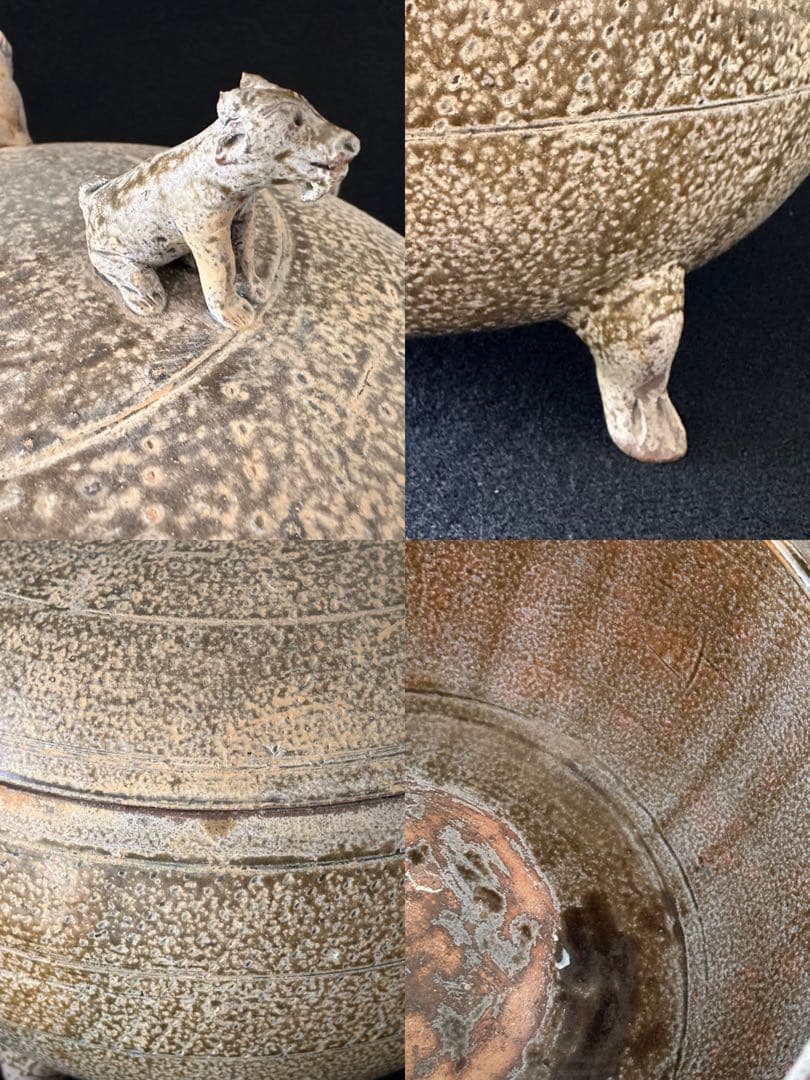 中国美術 灰陶緑釉 三足蓋付三獣摘 鼎 直径35cm 細密細工 古美術