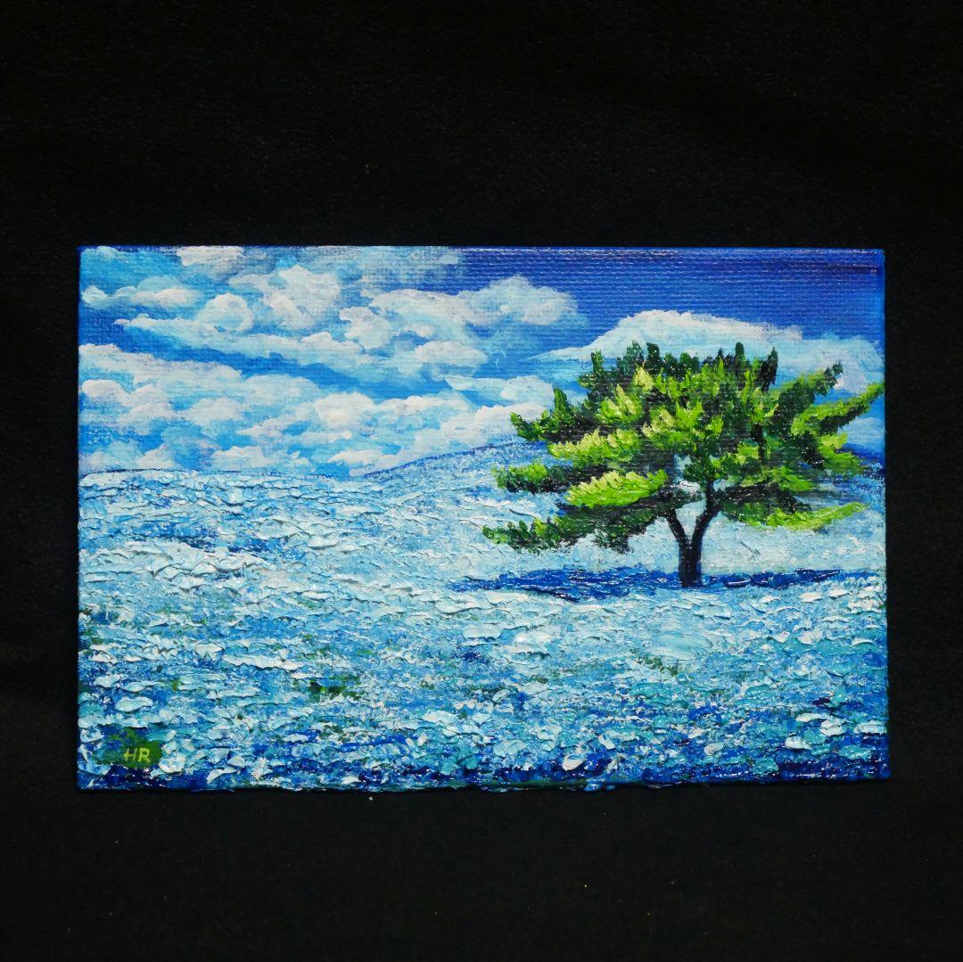 油絵 油彩 油彩画 絵 絵画 キャンバスパネル ミニ絵画【ネモフィラの丘】