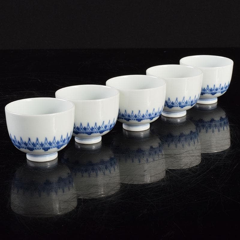 京焼　平安陶工　清山　染付　酒盃　五客　時代箱付　M　R4963