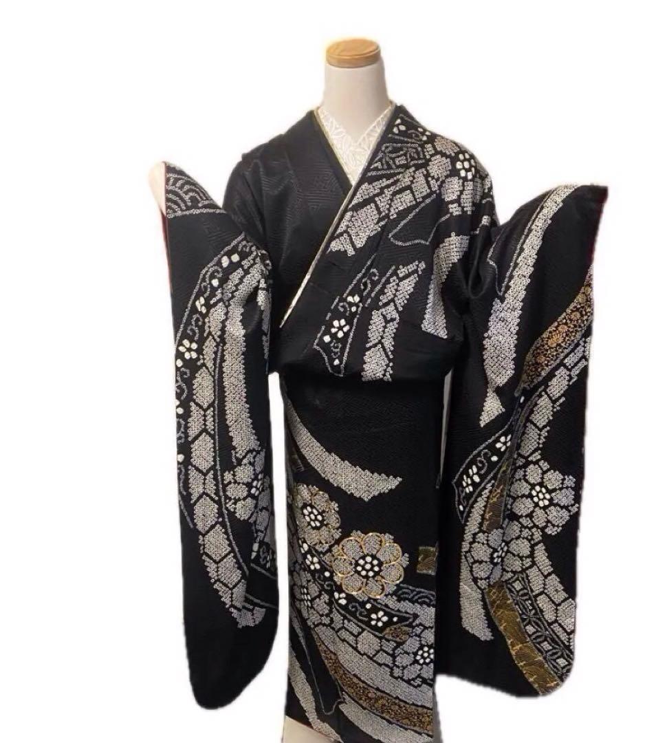 振袖フルセット　総絞り　黒　金　シルバー　成人式　豪華振袖　振袖6点セット　正絹