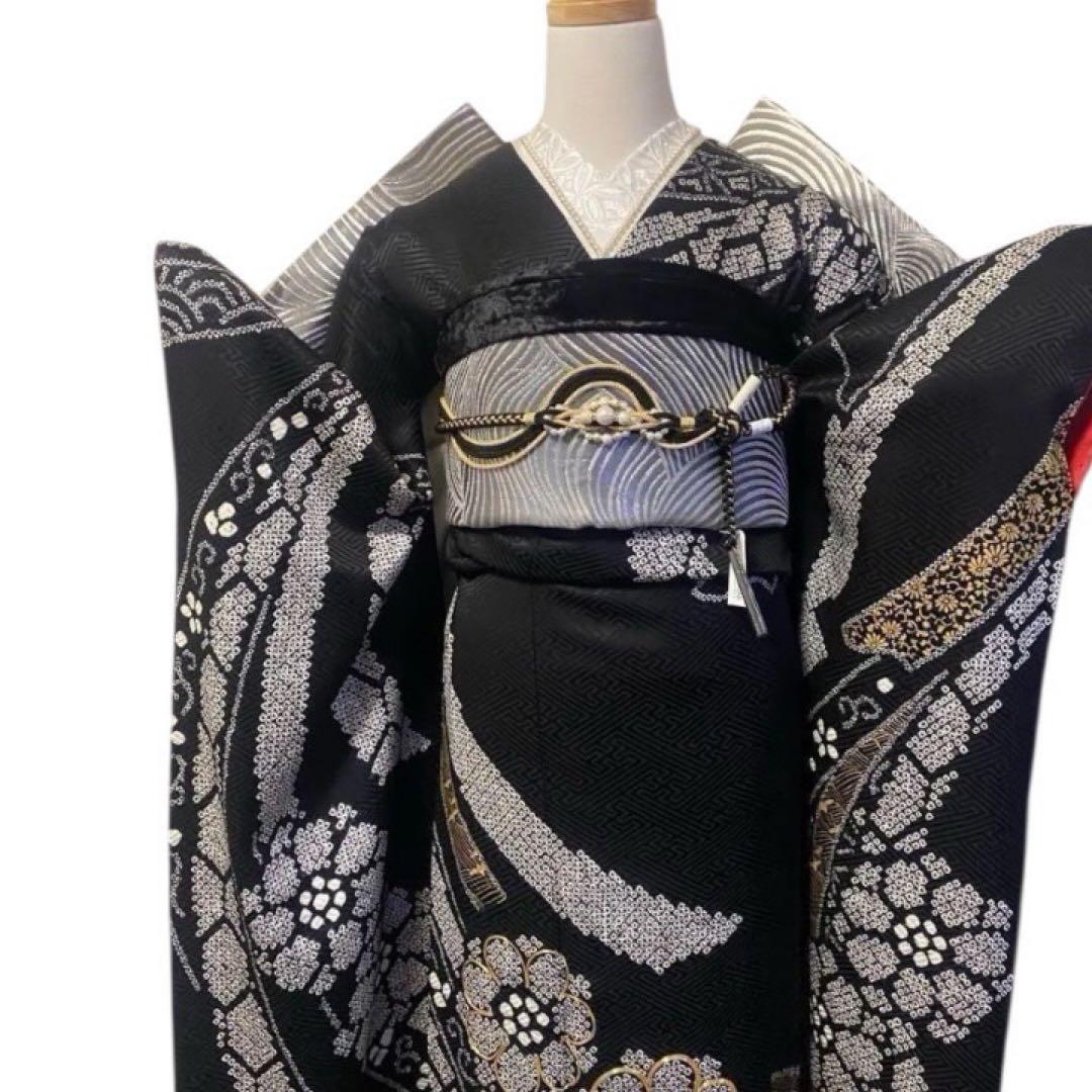 振袖フルセット　総絞り　黒　金　シルバー　成人式　豪華振袖　振袖6点セット　正絹