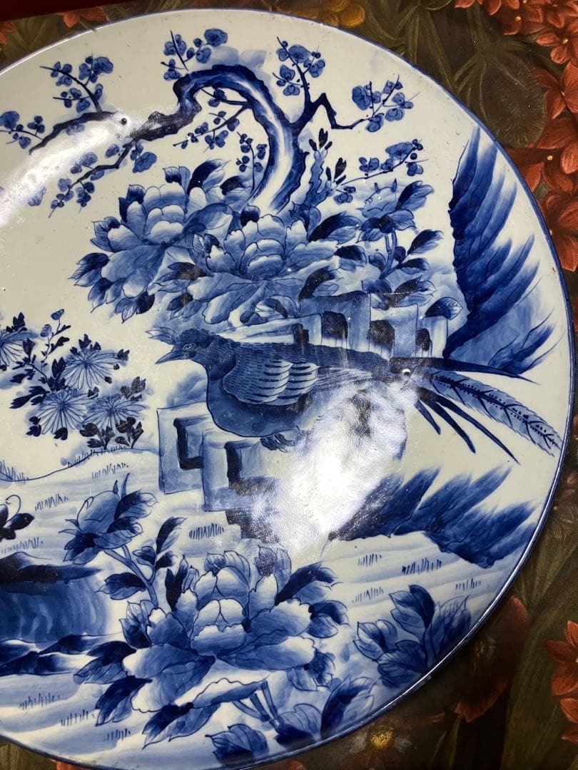 旧家蔵出し品　古伊万里　古い大皿　梅に牡丹花　雉　梶忠製　縁起物　飾り皿