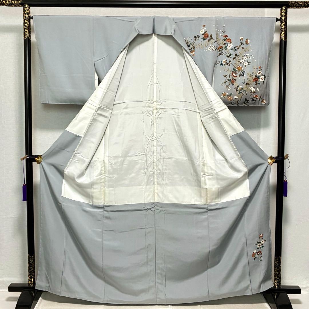 D58 訪問着 唐花 ブルーグレー 正絹 着物 袷 しつけ糸付き未使用極美品