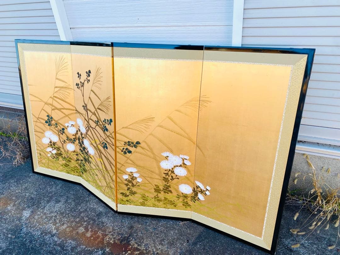 日本画 屏風 草花 金箔 160cm x 90cm