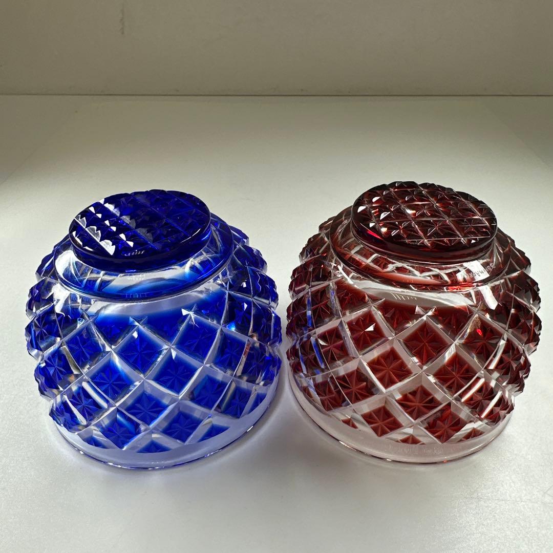 薩摩切子　島津被せガラス鉢2客　共箱　口径8㎝東Y7-0418☆1Fトコル