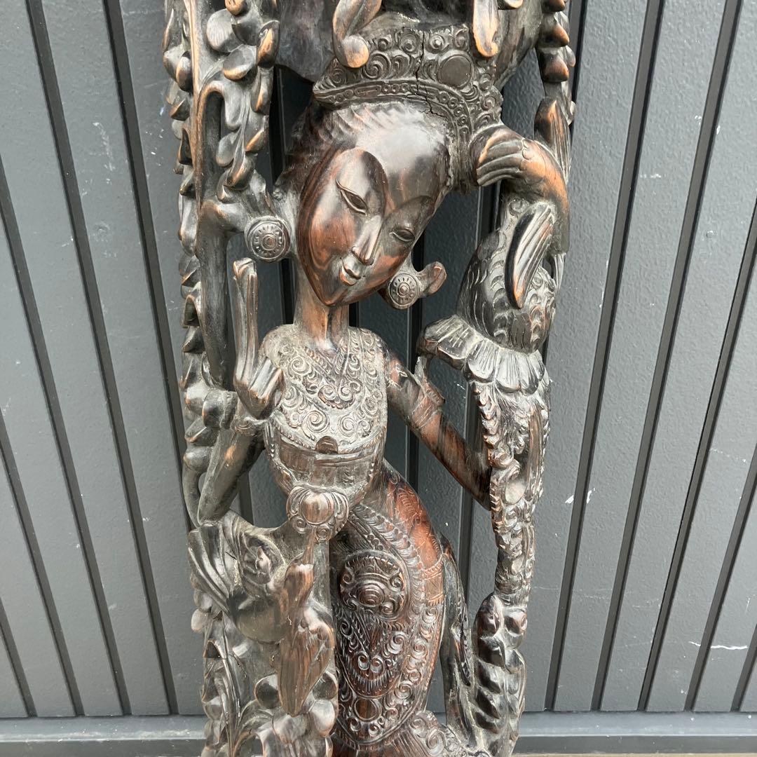 アジアンレトロ バリ 銘木一枚板 女性 女神像 民族 木彫り彫刻 オブジェ 飾り