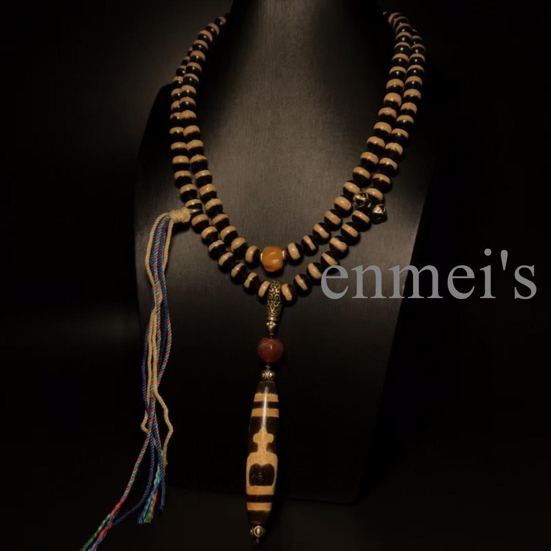 旧蔵チベット・古瑪瑙薬師珠念珠108粒×宝瓶天珠ネックレス・仏珠・文房具・古仏具