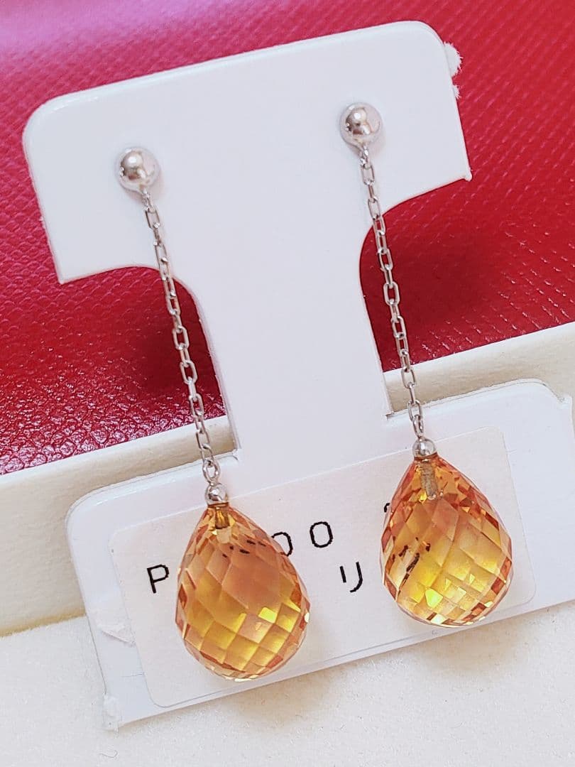 新作 未使用品 pt900 大粒 天然シトリン ロング ピアス