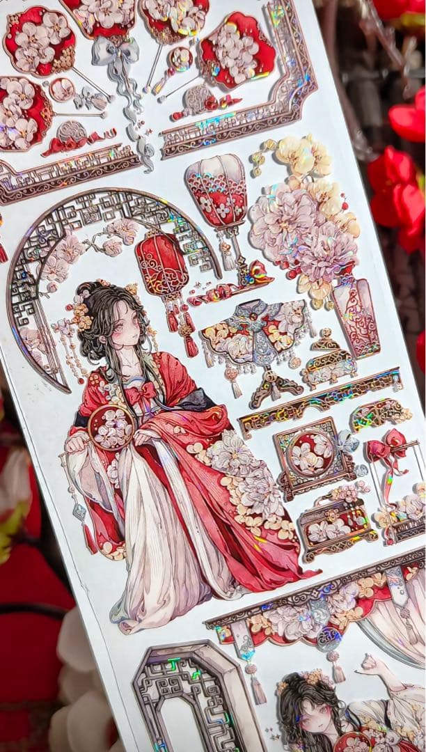 【9401】海外3/5/巻　貝殻光マスキングテープ　獅子先生新作　赤　人物古風系