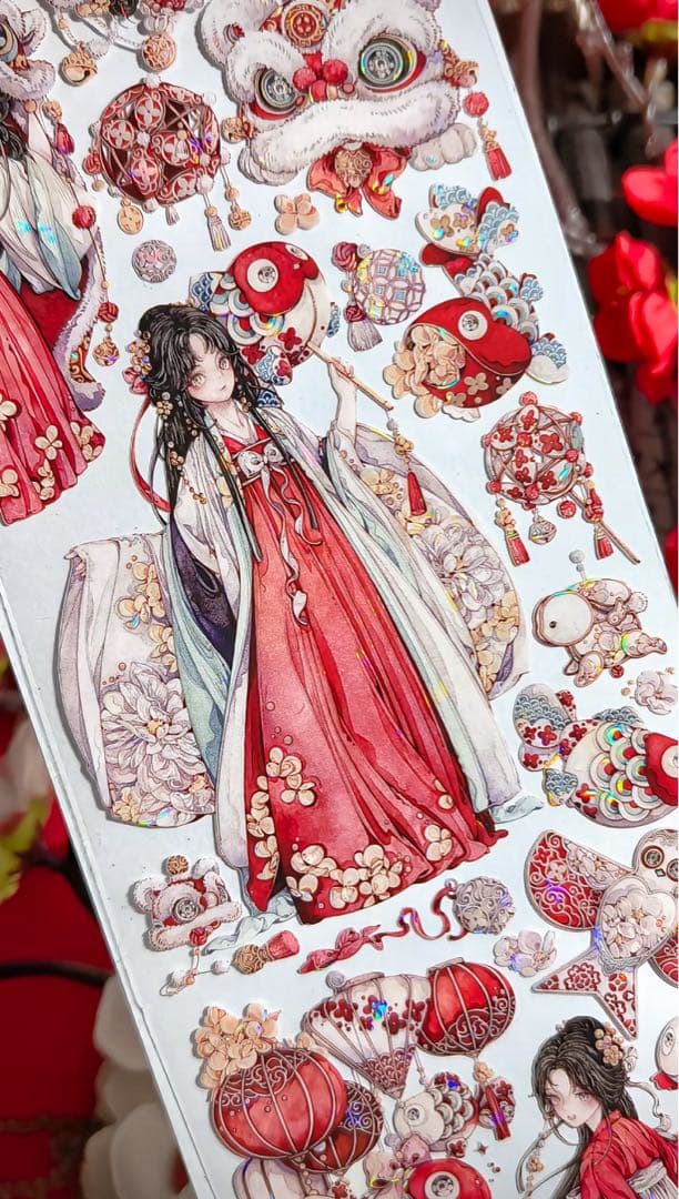 【9401】海外3/5/巻　貝殻光マスキングテープ　獅子先生新作　赤　人物古風系