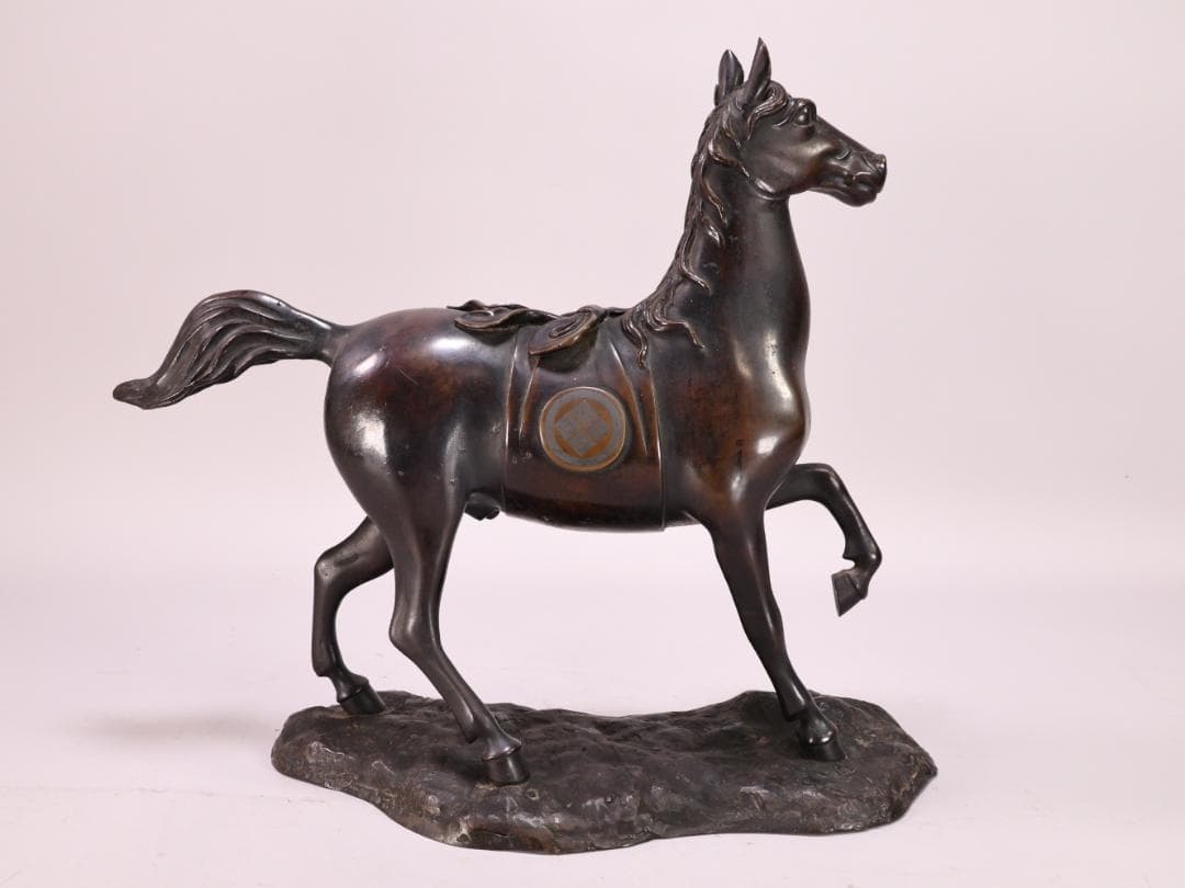 BK198　時代金工　古銅製　大名馬　置物　床飾　ブロンズ像　家紋　武田菱