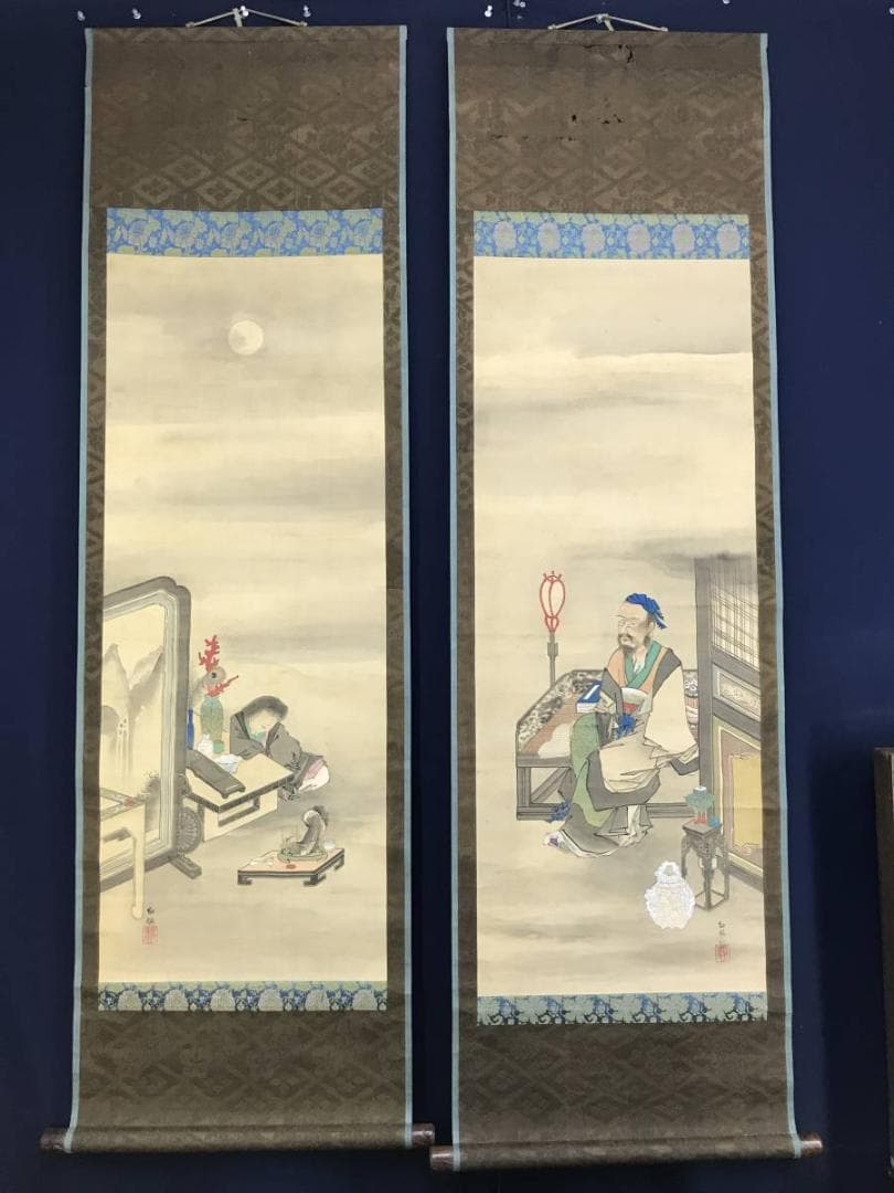 岳麟/人物図/双幅/高士人物/掛軸/名家伝来/AE-212