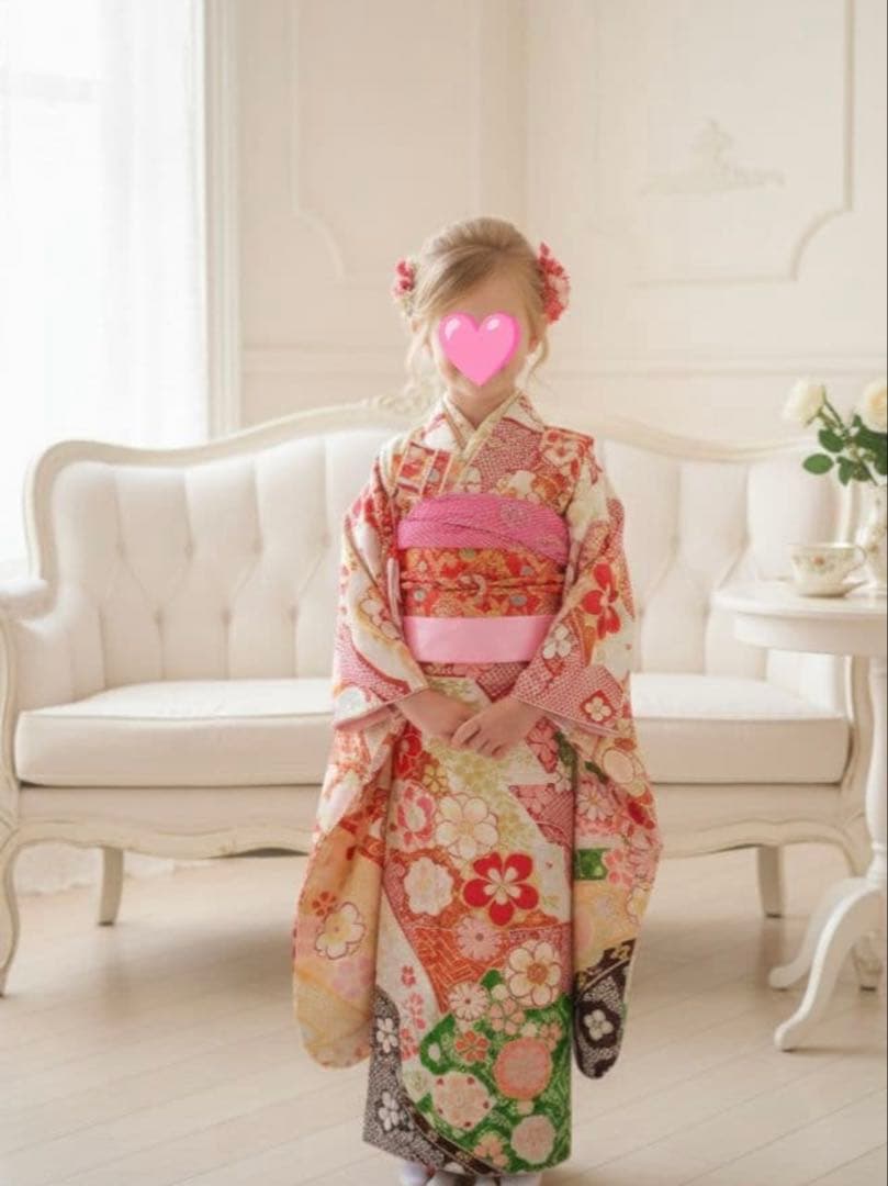 新品☆七五三着物四つ身作り帯フルセット(赤緑ピンク黄色)