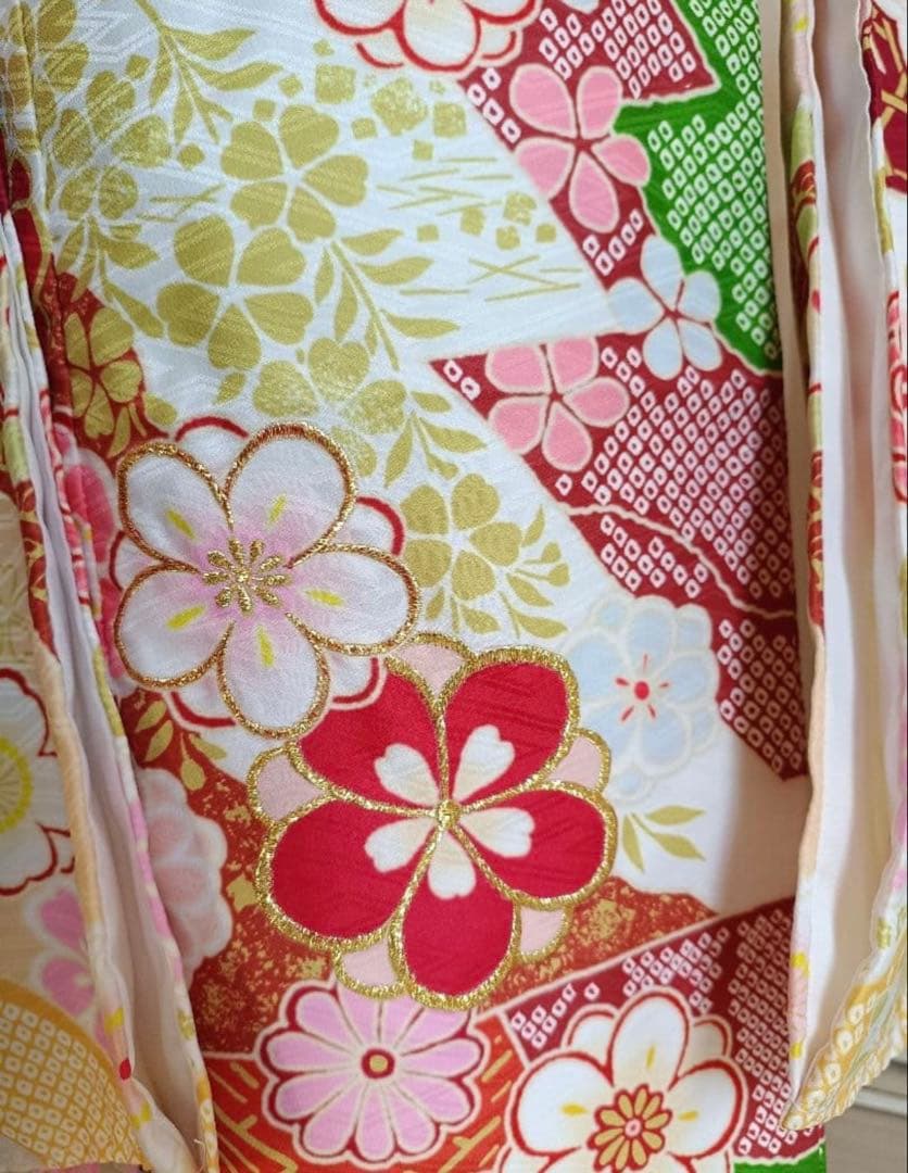 新品☆七五三着物四つ身作り帯フルセット(赤緑ピンク黄色)