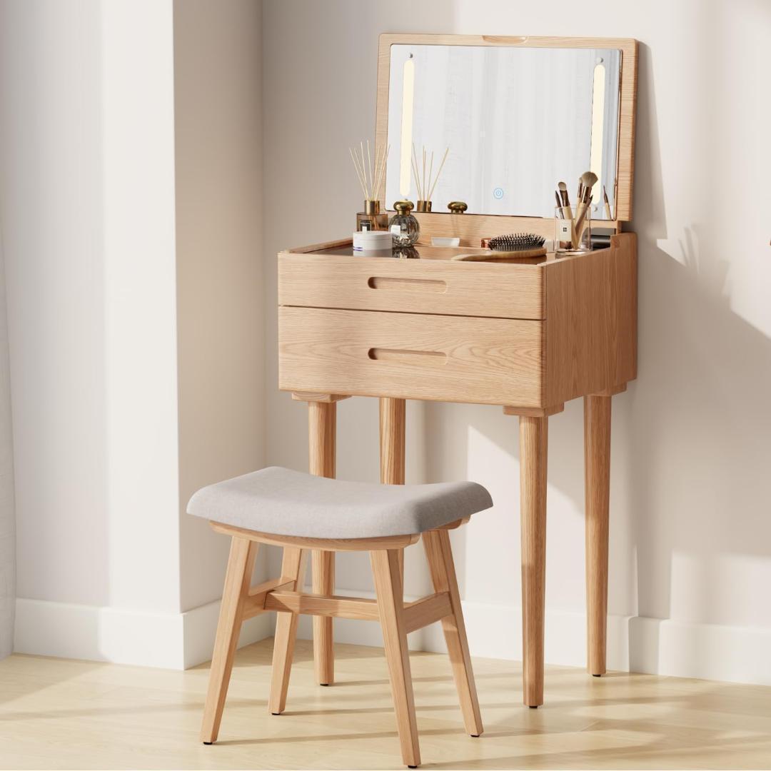 【新品】ドレッサー 木製コンパクト LEDライト 鏡台 天然 幅50cm