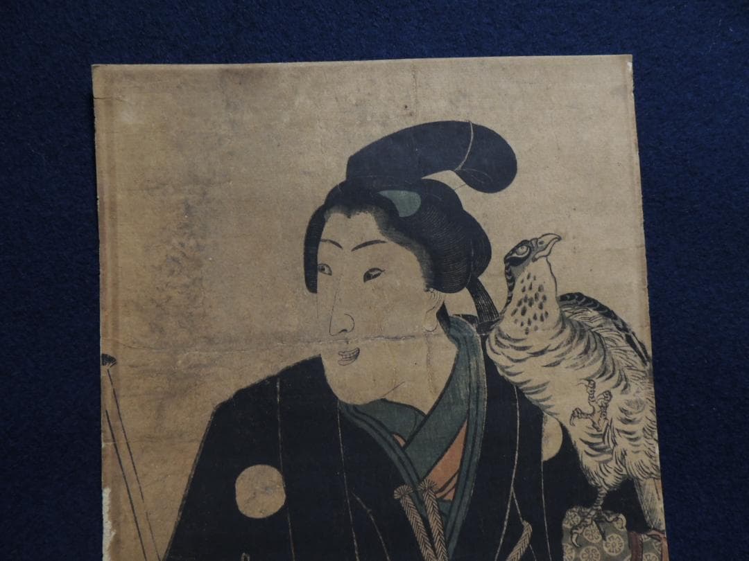 浮世絵「若侍と鷹」鷹狩？作者不明＞刀、まげ、家紋、浮世絵、江戸、Ukiyoe