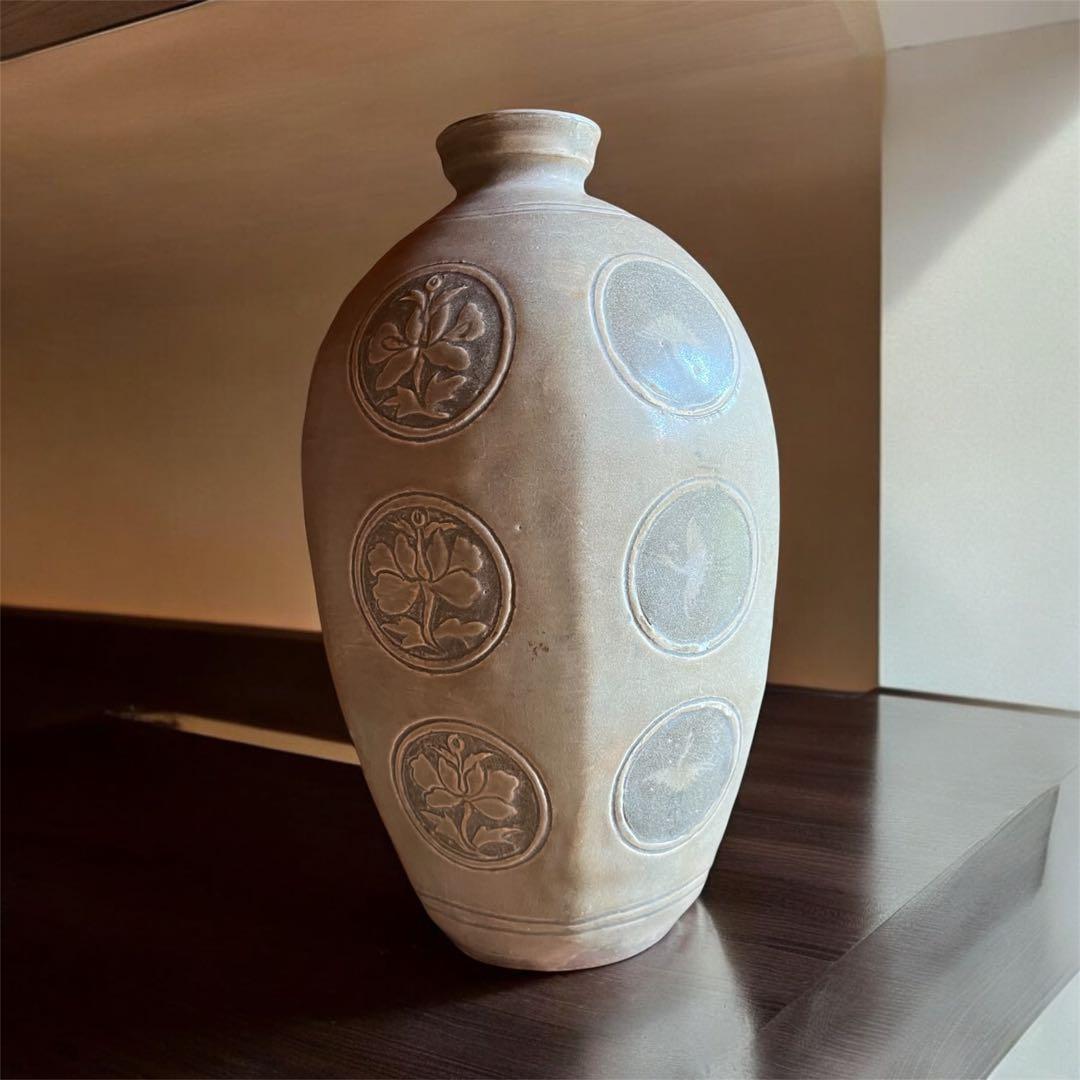 梅瓶 李朝時代 高麗 青磁 カケあり 貫入 朝鮮古美術 草花紋様 骨董 鶴 壺