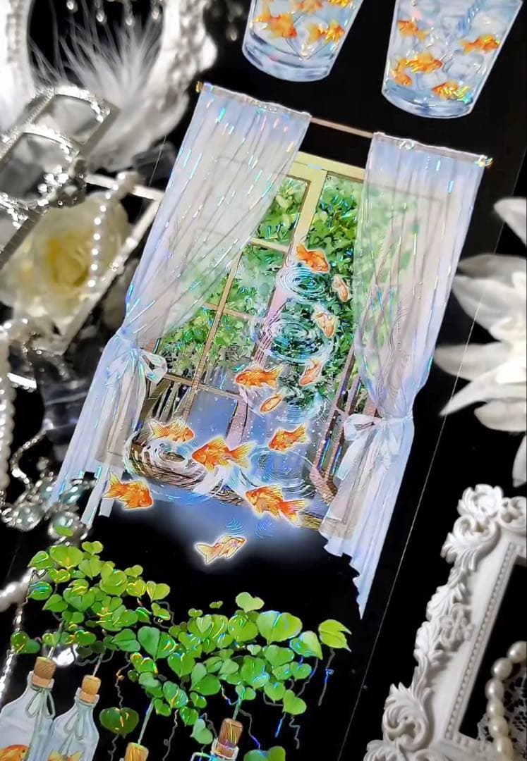 海外マスキングテープ巻売り 夏日汽水 金魚 装飾マスキングテープ