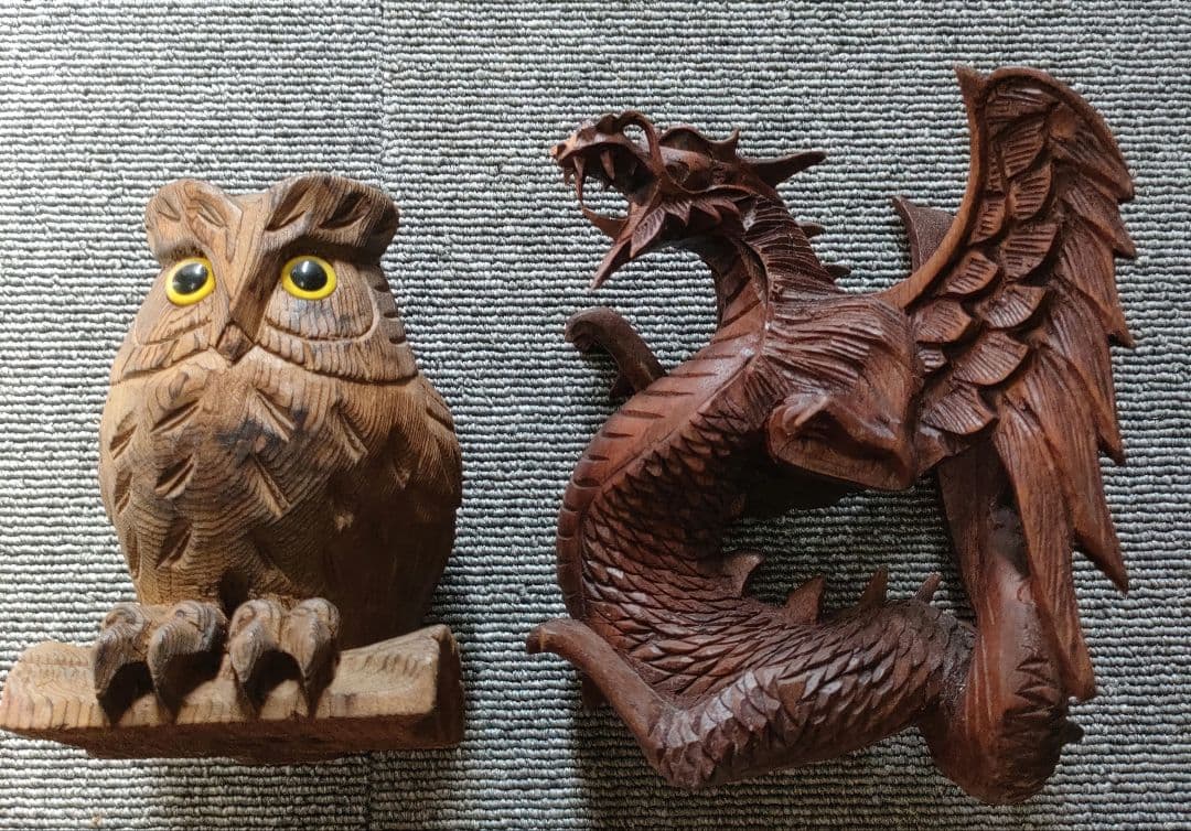 フクロウとドラゴン　不苦労　梟　　龍　竜　置物　２体セット