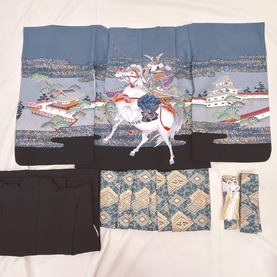 七五三5歳男の子　羽織袴セット　グレー黒　騎馬柄