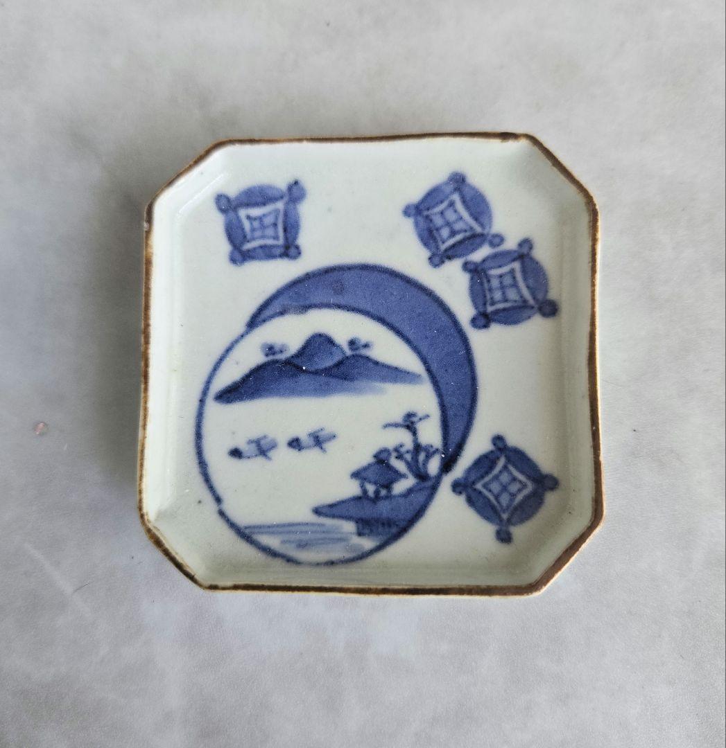 古伊万里　染付　豆皿　小皿　七宝　月　江戸　金直し　金継ぎ　骨董　アンティーク