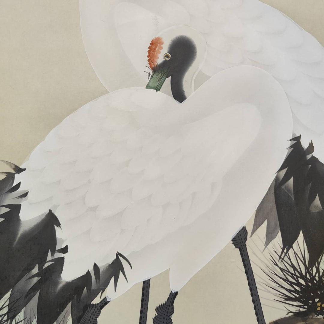 真作/江月/松上双鶴図/日ノ出/松/花鳥/桐共箱付/布袋屋掛軸A-586