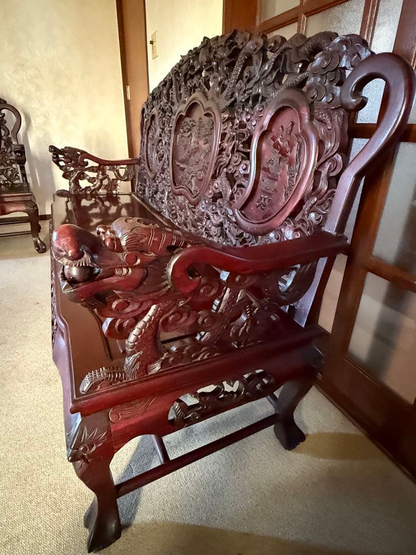 アンティーク家具 紅木家具 長椅子 3人がけ ベンチ 中国家具