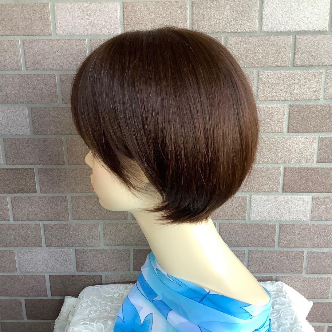 人毛100%￼ 手植え医療用フルウィッグ ウィッグ￼ ショートブラウン3D前髪￼