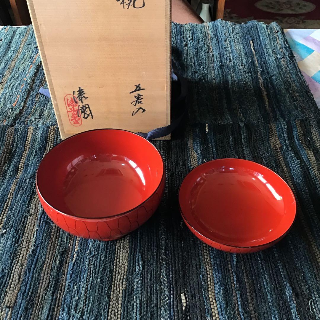 漆専堂　漆園　朱筋刀　四つ椀　黒網目　茶道具　茶席　5客　未使用品