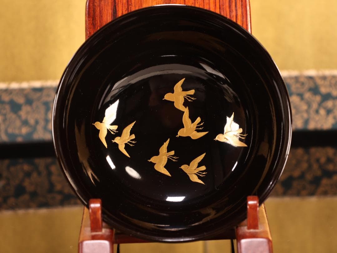 BK407　時代輪島塗　宝船図金蒔絵　波千鳥　吸物椀　二客　木製　茶道具 懐石