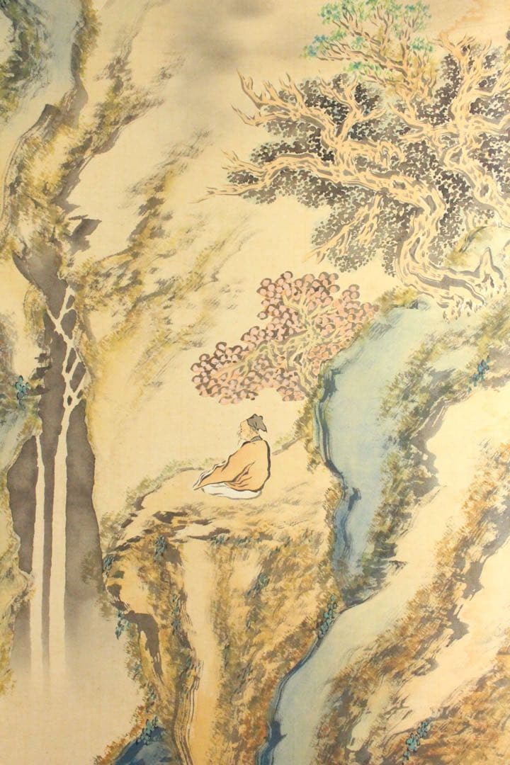 No5217 掛軸　雲外山人　在銘　青緑山水人物画　山水　着色絹本　送料無料