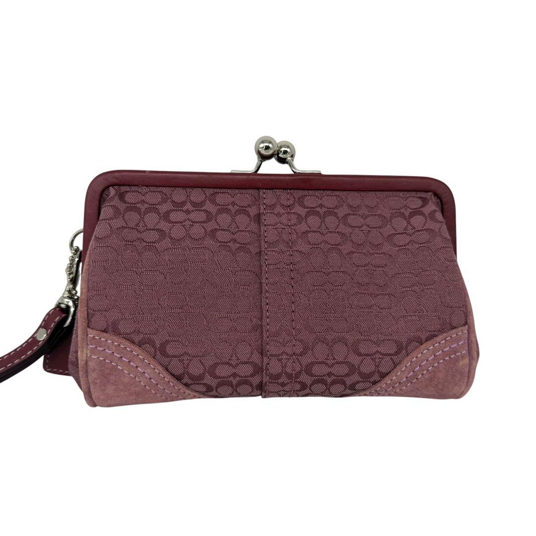 美品 COACH ポーチ がま口 シグネチャー キャンバス パープル